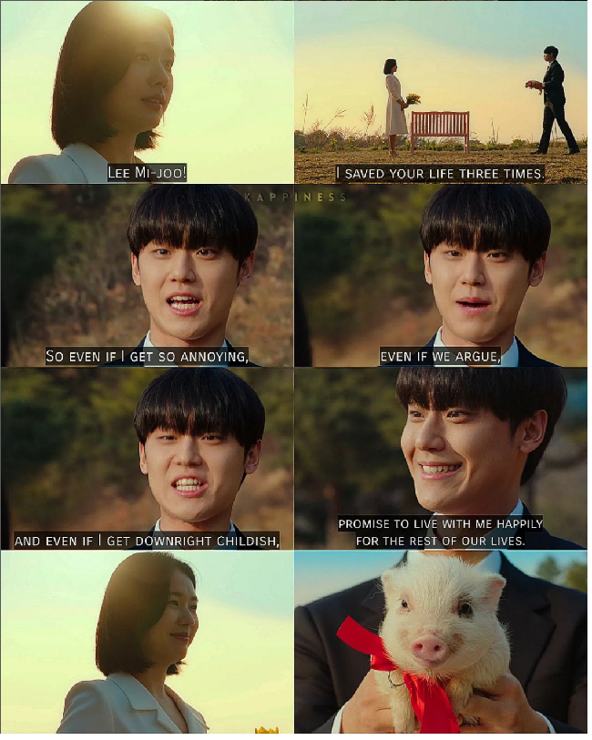 Choi Kang Ho pun melamar Lee Mi Joo di atas bukit Desa Jou Ri. “Lee Mi Joo karena kau sudah aku selamatkan tiga kali, benci aku sekali lagi, bertengkarlah denganku sekali lagi dan cuci pakaian dalamku yang kekanak-kanakan sekali lagi. Hiduplah bahagia bersamaku selamanya,” ucap Kang Ho sambil menggendong babi yang di lehernya dikalungkan cincin lamarannya. Foto: Dok. Instagram JTBC, Netflix