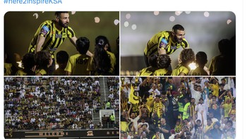 Suporter Al Ittihad yang datang ke stadion menyambut Benzema kabarnya mencapai 60 ribu orang. Foto: Twitter