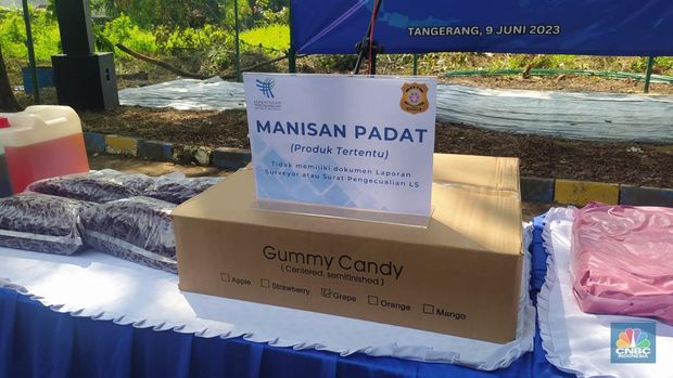 Menteri Perdagangan Zulkifli Hasan memusnahkan tembaga, powder flavoring, manisan padat, parfum cair, serbuk teh dan rempah-rempah kering produk impor yang tidak sesuai ketentuan. (CNBC Indonesia/ Martyasari Rizky)