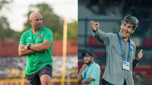 Pelatih PSM Makassar Bernardo Tavares dan Pelatih Bali United Stefano Cugurra.