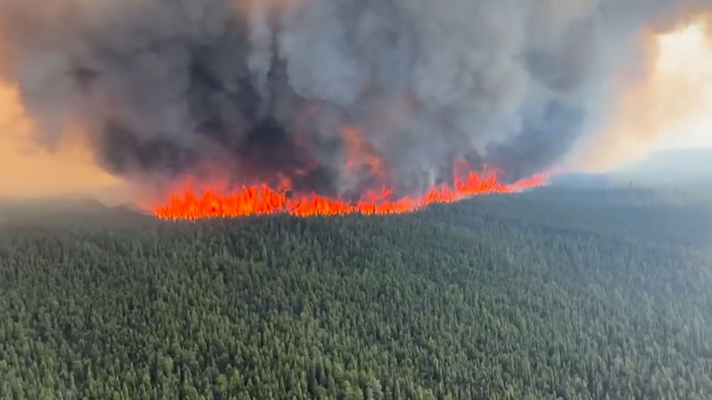 Smoke rises from a wildfire in Tumbler Ridge, British Columbia, Canada, in this screen grab taken from a video, June 8, 2023. BC Wildlife Service/Handout via REUTERS    THIS IMAGE HAS BEEN SUPPLIED BY A THIRD PARTY MANDATORY CREDIT NO RESALES. NO ARCHIVES.