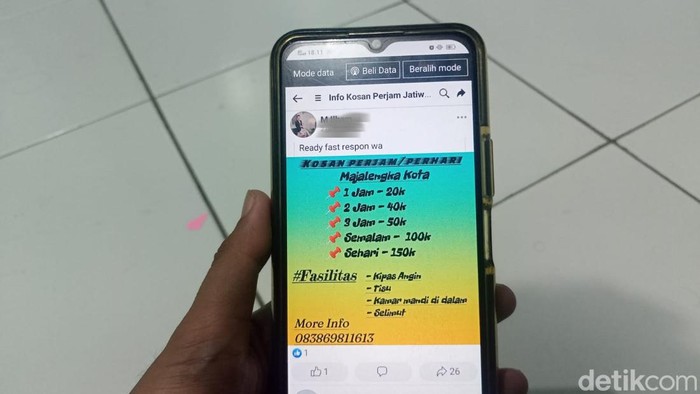 Postingan salah satu pelaku bisnis kosan per jam.