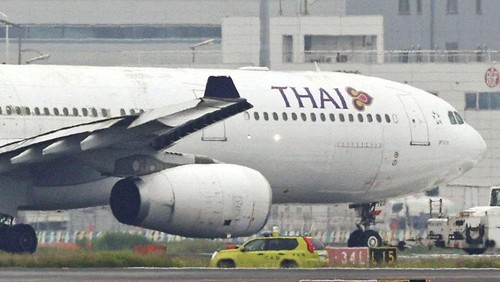 A Thai Airways aeroplane is seen after making contact with Eva Air aeroplanes at Haneda Airport, in Tokyo, Japan, June 10, 2023, in this photo released by Kyodo. Mandatory credit Kyodo via REUTERS