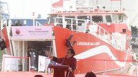 Ketua Umum PDI Perjuangan (PDIP) Megawati Soekarnoputri tiba di Pelabuhan Tanjung Priok, Jakarta Utara (Jakut).