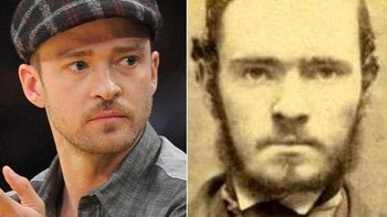 Penyanyi Justin Timberlake sangat mirip dengan pria di masa silam yang dijepret di sebelah kanan. (istimewa/playbuzz)  