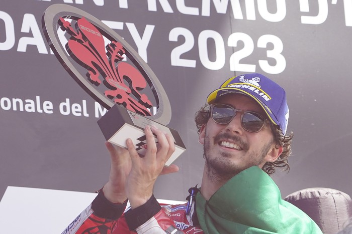 SCARPERIA, ITALY - JUNE 11: Francesco Bagnaia of Italy and Ducati Lenovo Team celebrate the victory of the Race of MotoGP of Italy at Mugello Circuit on June 11, 2023 in Scarperia, Italy. (Photo by Danilo Di Giovanni/Getty Images)