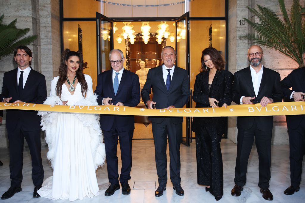 ROME, ITALY - JUNE 08: Alessandro Onorato, Priyanka Chopra Jonas, Mayor of Rome Roberto Gualtieri, Jean-Christophe Babin and Zendaya attend the Bulgari Hotel Roma opening event at Bulgari Hotel Rome on June 08, 2023 in Rome, Italy. (Photo by Daniele Venturelli/Getty Images for Bulgari)