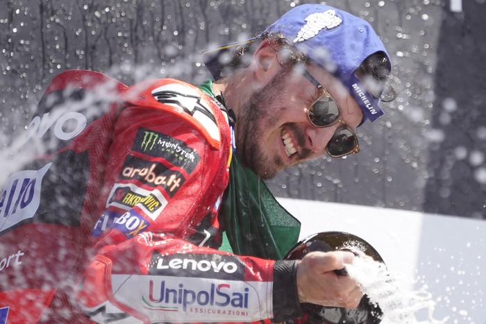SCARPERIA, ITALY - JUNE 11: Francesco Bagnaia of Italy and Ducati Lenovo Team celebrate the victory of the Race of MotoGP of Italy at Mugello Circuit on June 11, 2023 in Scarperia, Italy. (Photo by Danilo Di Giovanni/Getty Images)