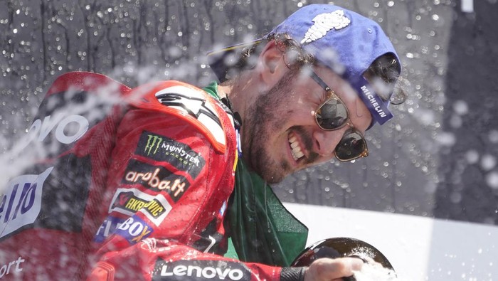 SCARPERIA, ITALY - JUNE 11: Francesco Bagnaia of Italy and Ducati Lenovo Team celebrate the victory of the Race of MotoGP of Italy at Mugello Circuit on June 11, 2023 in Scarperia, Italy. (Photo by Danilo Di Giovanni/Getty Images)