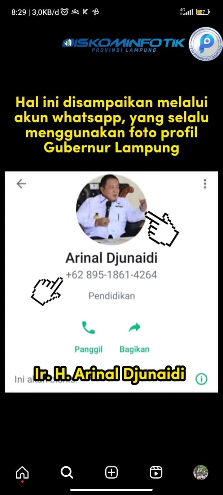 Tangkapan layar penipuan mengatasnamakan Gubernur Lampung.