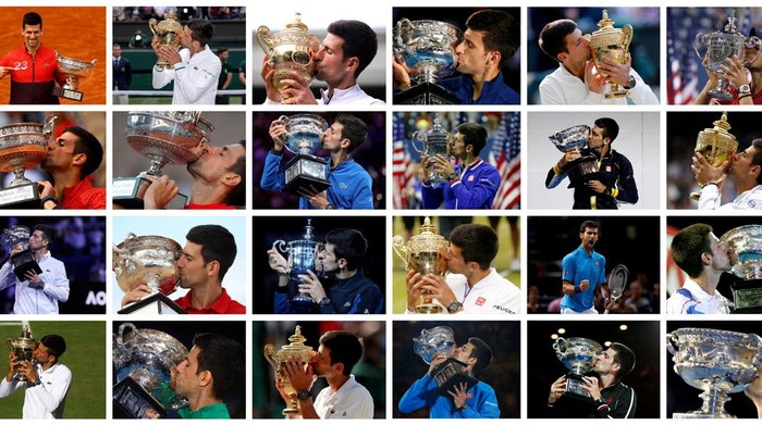 Pose Djokovic Dengan 23 Tropi Grand Slam Novak Djokovic jadi petenis pria dengan gelar Grand Slam terbanyak yakni 23. Hal itu didapat setelah Djokovic memenangi French Open 2023.