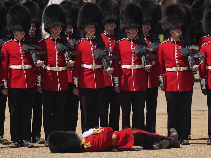 Sejumlah Prajurit Inggris Pingsan Saat Parade Militer An officer of the Welsh Guards faints in hot weather during the Colonel's Review, the final rehearsal of the Trooping the Colour, the King's annual birthday parade, at Horse Guards Parade in London, Saturday, June 10, 2023. (AP Photo/Alberto Pezzali)