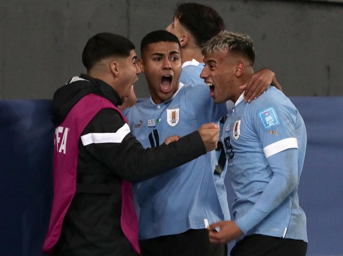 Uruguays forward Luciano Rodriguez (R) celebrates after scoring during the Argentina 2023 U-20 World Cup final match between Uruguay and Italy at the Estadio Unico Diego Armando Maradona stadium in La Plata, Argentina, on June 11, 2023. (Photo by ALEJANDRO PAGNI / AFP) (Photo by ALEJANDRO PAGNI/AFP via Getty Images)