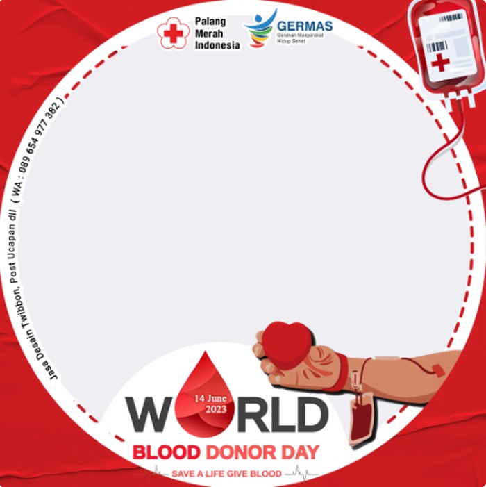 Hari Donor Darah Sedunia 14 Juni bertujuan untuk meningkatkan kesadaran masyarakat tentang manfaat donor darah. Yuk, cek twibbon Hari Donor Darah Sedunia 2023!