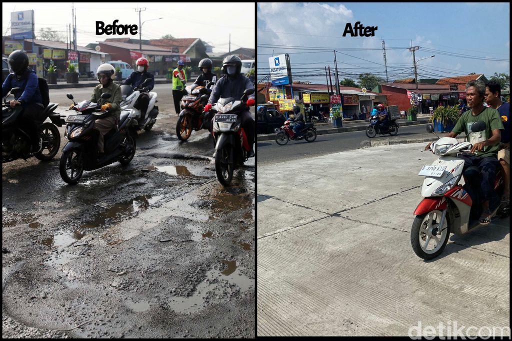 Before-after perbaikan jalan rusak di Kranji, Kota Bekasi, per 13 Juni 2023. (Fathia Nabila Q/detikcom)