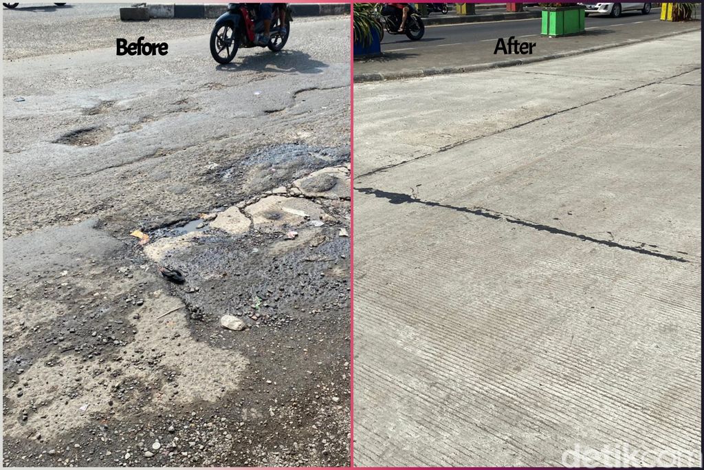 Before-after perbaikan jalan rusak di Kranji, Kota Bekasi, per 13 Juni 2023. (Fathia Nabila Q/detikcom)