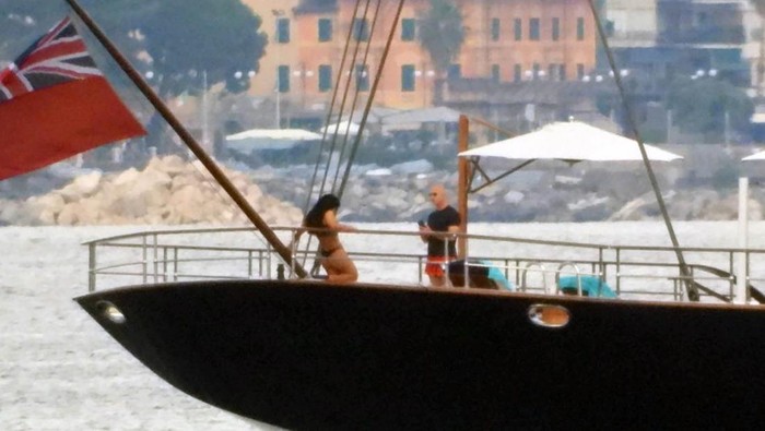 PORTOFINO, ITALY - JUNE 12: Lauren Sanchez and Jeff Bezos are seen on Jeff Bezos yacht on June 12, 2023 in Portofino, Italy. (Photo by MEGA/GC Images)