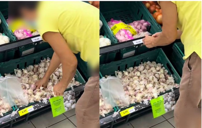 Wanita kupas kulit bawang putih saat belanja
