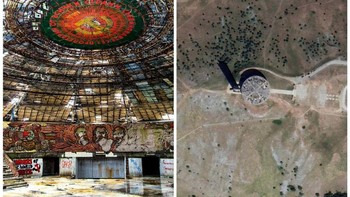 Ketika Monumen Buzludzha dibuka pada tahun 1981, itu untuk menghormati Partai Komunis di Bulgaria. Bangunan itu berada di atas gunung dan memiliki struktur seperti menara dan piring. Mosaik, batu, dan kaca di situs tersebut telah dijarah oleh pengacau dan rusak oleh cuaca sejak perubahan politik di Bulgaria membuat monumen tersebut pada dasarnya usang pada akhir tahun 1990-an. Upaya penyelamatan dan pelestarian telah dilakukan sejak awal tahun 2000-an. Foto: Ranker