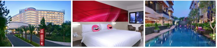Kiri ke kanan: The Alana Hotel & Conference Center - Sentul City, favehotel Bandara, Quest San Denpasar