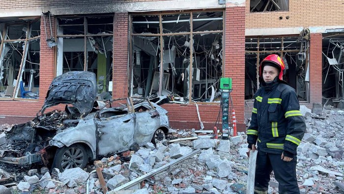 A firefighter is seen at a site of an office building damaged by a Russian missile strike, amid Russias attack on Ukraine, in Odesa, Ukraine June 14, 2023. Press service of the State Emergency Service of Ukraine in Odesa region/Handout via REUTERS ATTENTION EDITORS - THIS IMAGE HAS BEEN SUPPLIED BY A THIRD PARTY. DO NOT OBSCURE LOGO.     TPX IMAGES OF THE DAY