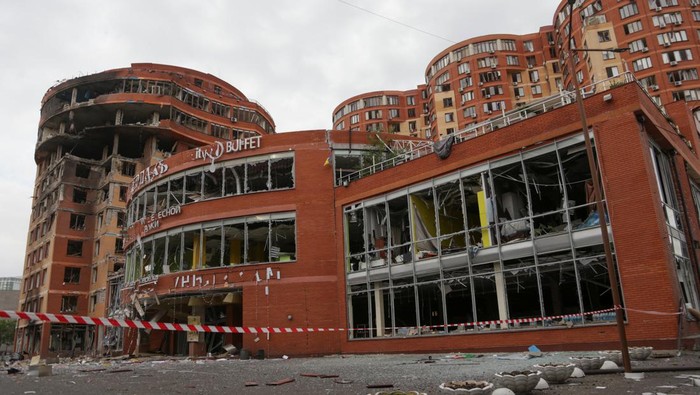 A general view shows a shopping mall, office and apartment buildings damaged by a Russian missile strike, amid Russia's attack on Ukraine, in Odesa, Ukraine June 14, 2023. REUTERS/Serhii Smolientsev