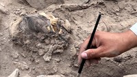Seorang arkeolog bekerja di situs penggalian pemakaman pra-Hispanik di samping mumi yang diyakini berasal dari budaya Manchay, yang berkembang di lembah Lima antara 1.500 dan 1.000 SM, di Lima, Peru, 14 Juni 2023.  