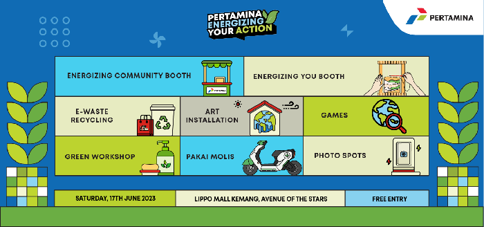 PT Pertamina (Persero) mengajak anak-anak muda Indonesia berperan aktif sebagai agen pelestari lingkungan melalui acara Pertamina Energizing Your Action yang akan diselenggarakan di Lippo Mall Kemang (Kemang Village, Avenue of the Stars) pada Sabtu, (17/6/2023) mendatang.