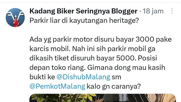 Tangkapan layar postingan warga yang mengeluhkan tarif parkir di Kayutangan.