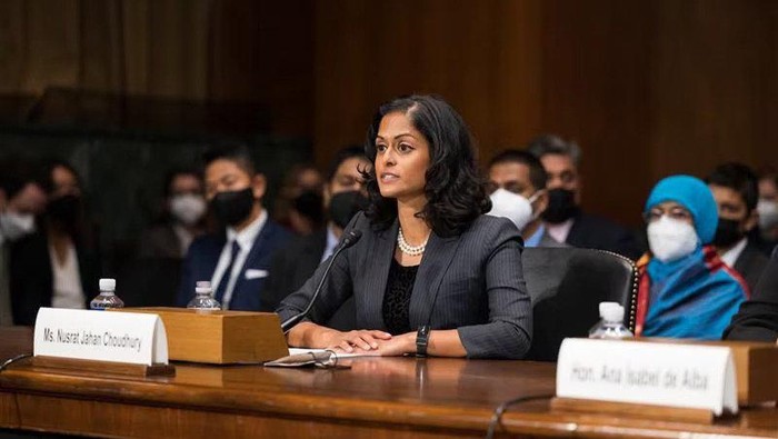 Nusrat Choudhury, a nominee to serve as a federal judge in the Eastern District of New York, appears before the U.S. Senate Judiciary Committee in Washington, D.C. on April 27, 2022. U.S. Senate/Handout via REUTERS/File Photo