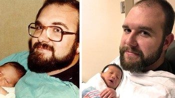 Pose sang anak yang mirip dengan bapaknya kala menggendong bayi. (Foto: Brightside)