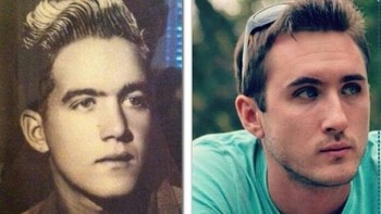 Kakekku pada tahun 1951 disandingkan dengan foto saudara laki-lakiku di tahun 2014, keduanya saat berusia 25 tahun. (Foto: Brightside)