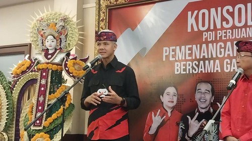 Ganjar Pranowo saat jumpa pers Konsolidasi PDI Perjuangan Bali Pemenangan Pilpres 2024 di Sanur, Denpasar, Bali, Sabtu (17/6/2023). (Rizki Setyo Samudero)