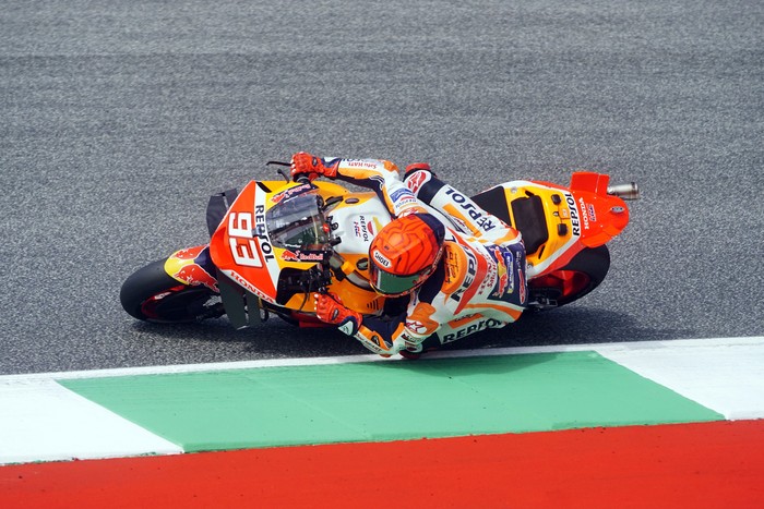 MotoGP rider Marc Marquez speeds on his Honda during practice for the Grand Prix of Italy at the Mugello racetrack, Italy, Friday, June 9, 2023. (Alessandro La Rocca/LaPresse via AP)