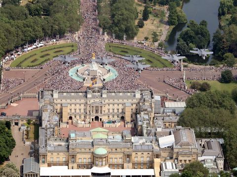 A tri-service flypast takes place over The Mall and Buckingham Palace on the day of Trooping the Colour parade to honour the official birthday of Britain's King Charles, in London, Britain, June 17, 2023. Cpl Will Drummee/UK MoD/Handout via REUTERS THIS IMAGE HAS BEEN SUPPLIED BY A THIRD PARTY. MANDATORY CREDIT