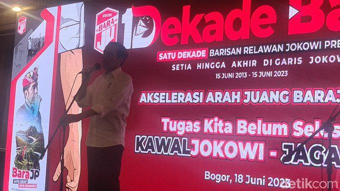 Presiden Jokowi di acara 1 dekade Bara JP di Bogor, Jawa Barat. (Twitter Budiman Sudjatmiko)