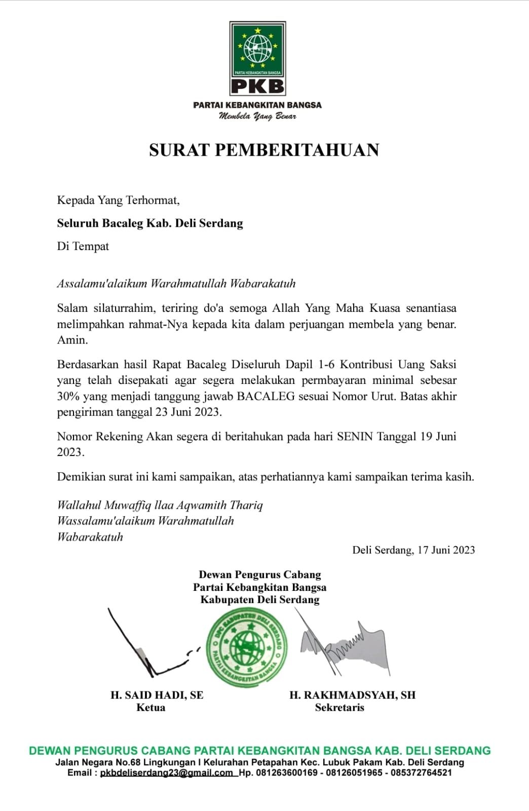 Surat pemberitahuan mahar bacaleg PKB Deli Serdang. (Foto:Istimewa)
