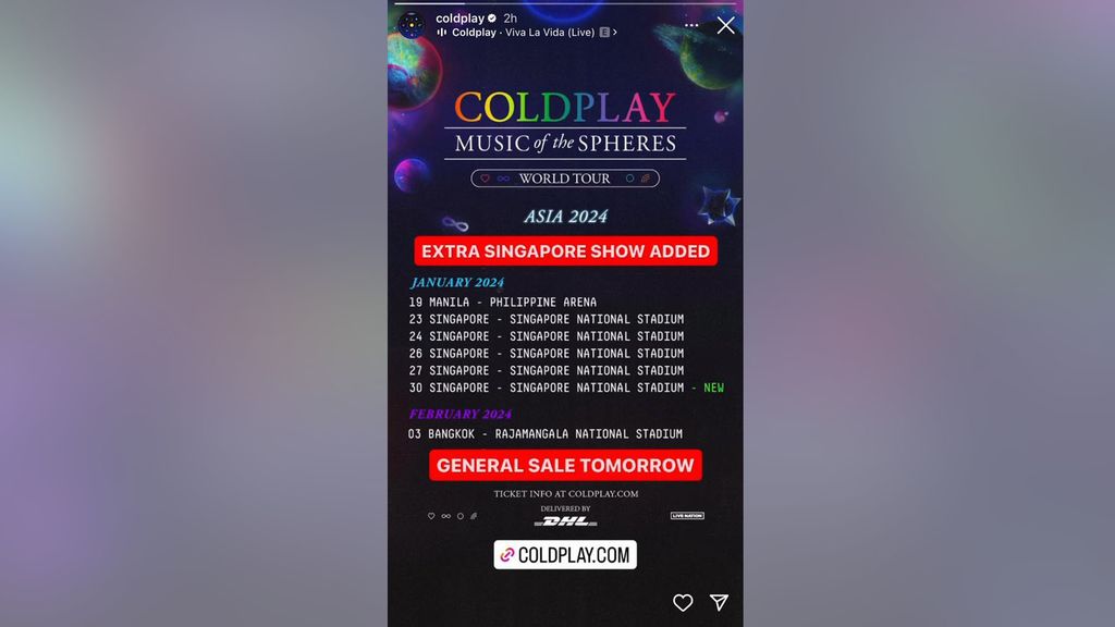 Daftar konser World Tour Coldplay. (Tangkapan Layar Laman Cerita Instagram @coldplay)