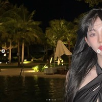 Leader grup aespa itu sekaligus mengabarkan keberadaannya di Vietnam. Meskipun tiba malam hari, Karina dan personelnya memilih berenang di penginapan. Foto: Instagram