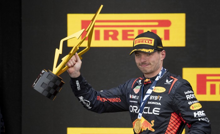 Red Bull Racings Max Verstappen, of the Netherlands, celebrates his victory after the Formula One Canadian Grand Prix auto race Sunday, July 18, 2023, in Montreal. (Paul Chiasson/The Canadian Press via AP)