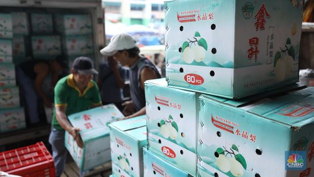 Pekerja melakukan bongkar muat buah impor dari China yang digunakan akan dipasarkan pada Pasar Induk Kramat Jati, Jakarta, Senin (19/6/2023). (CNBC Indonesia/Tri Susilo)