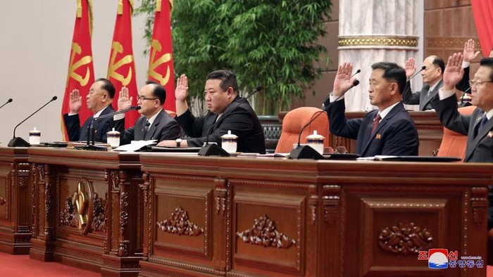 North Korean leader Kim Jong Un attends the 8th enlarged Plenary Meeting of the 8th Central Committee of the Workers Party of Korea, in Pyongyang, North Korea, in this undated photo released by North Koreas Korean Central News Agency (KCNA) on June 19, 2023. KCNA via REUTERS