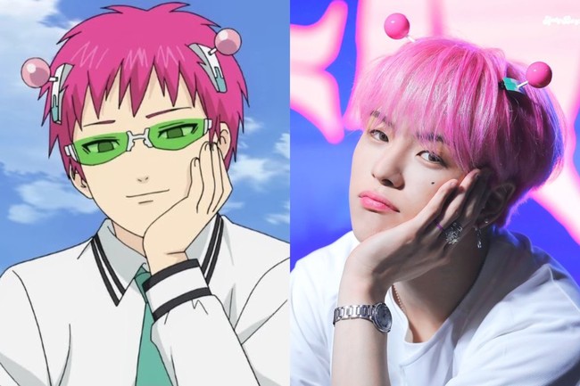 Jaehyuk TREASURE benar-benar cosplay jadi karakter anime Kusuo Saiki (Disastrous Life of Saiki K). Saat fansign, seorang penggemar memberikan atribut bando mengingat dirinya punya rambut berwarna pink. Foto: Instagram