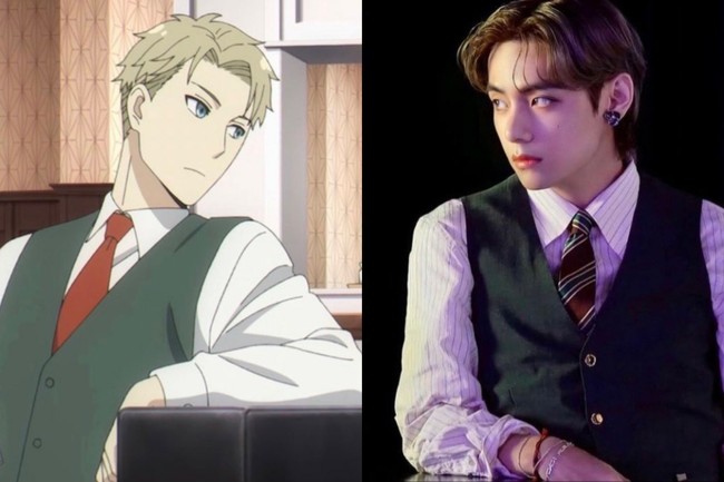 Penampilan V BTS dalam video klip Dynamite mengingatkan penggemar dengan karakter anime Lord Forger (Spy x Family). Dengan model rambutnya yang disisir rapi ke belakang. V BTS tampil necis dalam balutan kemeja putih, vest berwarna hijau, dan dasi berwarna merah. Foto: Instagram