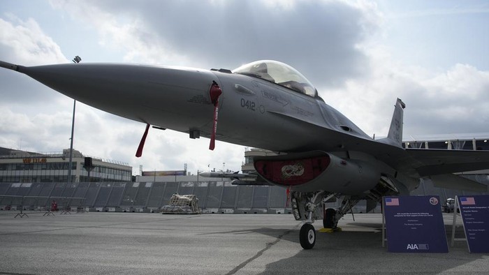 U.S. Air Force F-16 fighter jet is on display during the Paris Air Show in Le Bourget, north of Paris, France, Monday, June 19, 2023. (AP Photo/Lewis Joly)