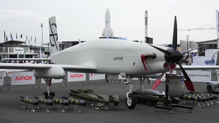 A military medium altitude long endurance drone named Aarok and made by French group Turgis and Gaillard is presented at the International Paris Air Show, Monday, June 19, 2023 at Le Bourget airport, north of Paris. Aviation industry CEOs and top government officials from around the world descended on the Paris Air Show on Monday for a week of deal-making and demonstrations of the world's latest air and space technology (AP Photo/Michel Euler)