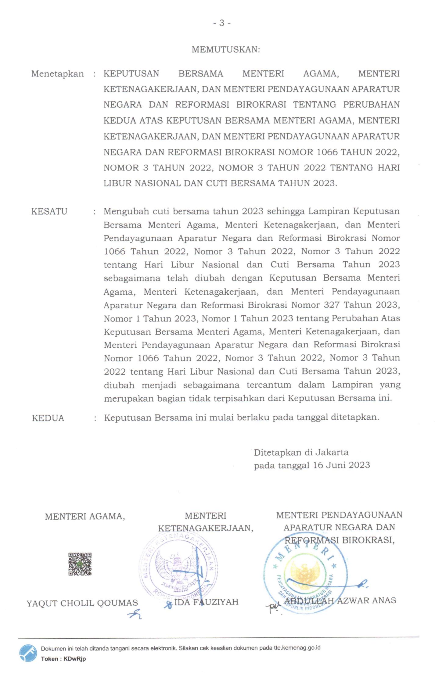 SKB tiga Menteri terkait libur cuti bersama Idul Adha. (Dok. Istimewa)