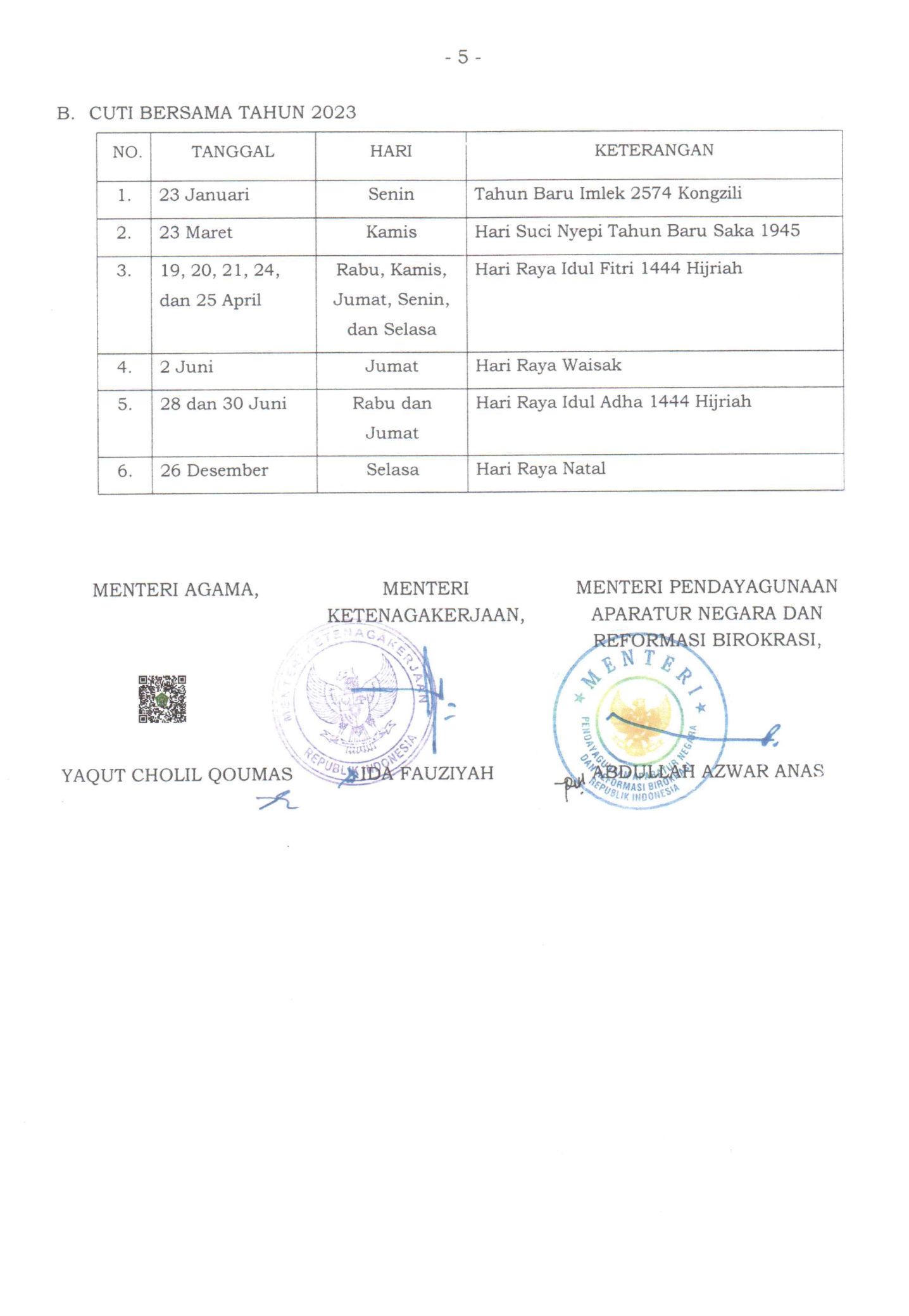 SKB tiga Menteri terkait libur cuti bersama Idul Adha. (Dok. Istimewa)