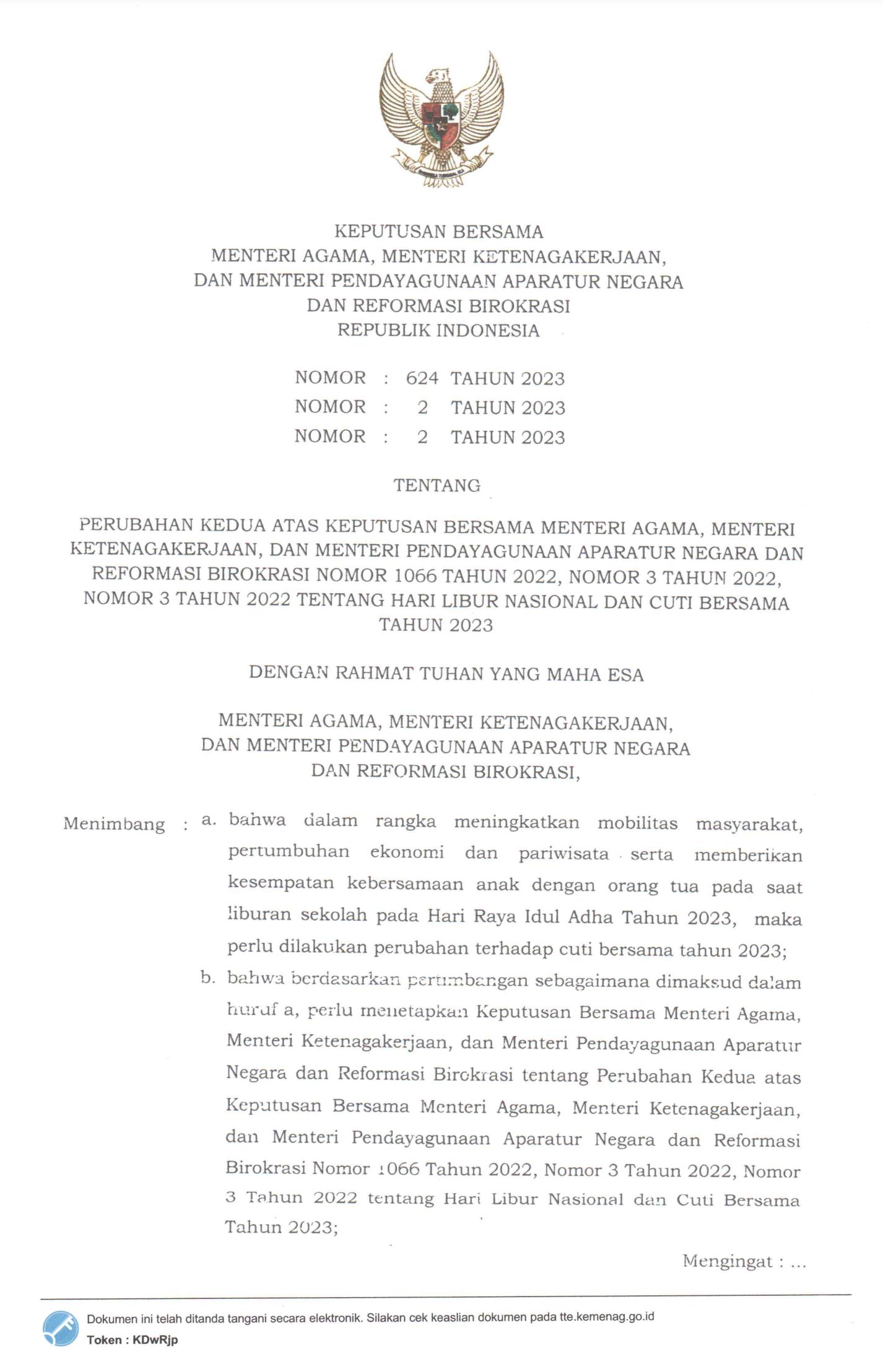 SKB tiga Menteri terkait libur cuti bersama Idul Adha. (Dok. Istimewa)