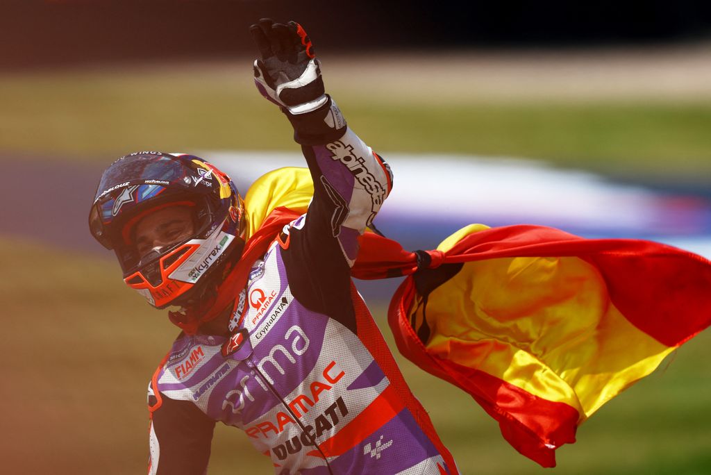 MotoGP - German Grand Prix - Sachsenring, Hohenstein-Ernstthal, Germany - June 18, 2023 Prima Pramac Racing's Jorge Martin celebrates after winning the race REUTERS/Lisi Niesner